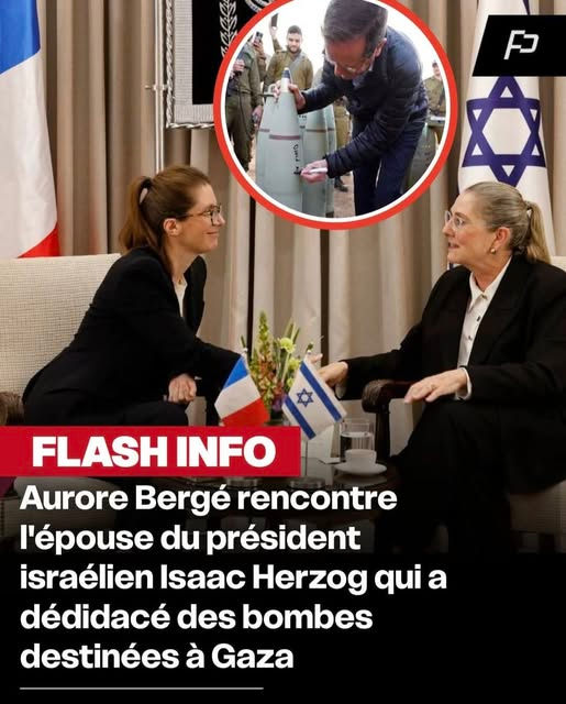 TvTvpeace's tweet photo. 🇫🇷 - Lors de son voyage diplomatique en Israël, Aurore Bergé (ministre de la lutte contre les discriminations) à rencontrer Michal Herzog, la femme du président israélien Isaac Herzog, qui a entre autres dédié des bombes à Gaza...
Voilà qui dirige la France. https://t.co/myjeFBC5up