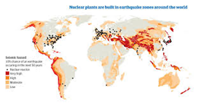 Nuclear plant locations and levels of seismic activity.