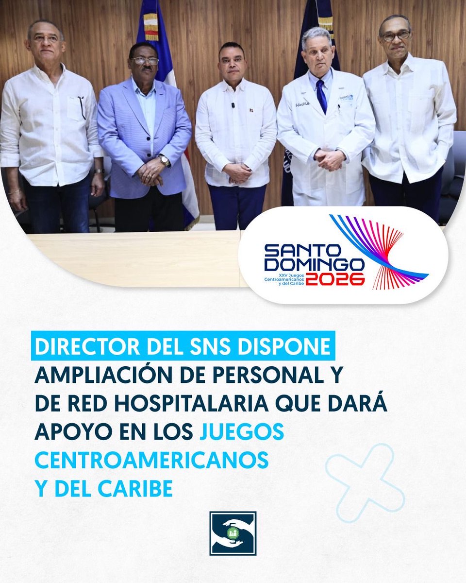 SNSRDO's tweet photo. Con el fin de garantizar una atención oportuna y de calidad a los miles de visitantes y atletas que participarán en los Juegos Centroamericanos y del Caribe Santo Domingo 2026, el director ejecutivo del SNS, @drjuliolandron, anunció este viernes la ampliación de los servicios 1/2 https://t.co/JEwD8gBcSi