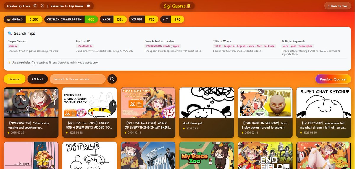 freia_000's tweet photo. Hey fellow grems! I made a web library for Gigi's Quotes! 
Now you can look up whatever the hell she said in vods or search for specific words, I also added a random quotes button for fun!
https://t.co/gaf4GE9vHM

Be sure to check it out and tell me if you enjoyed it!!!
#rkggk https://t.co/3FCBq6WtXQ