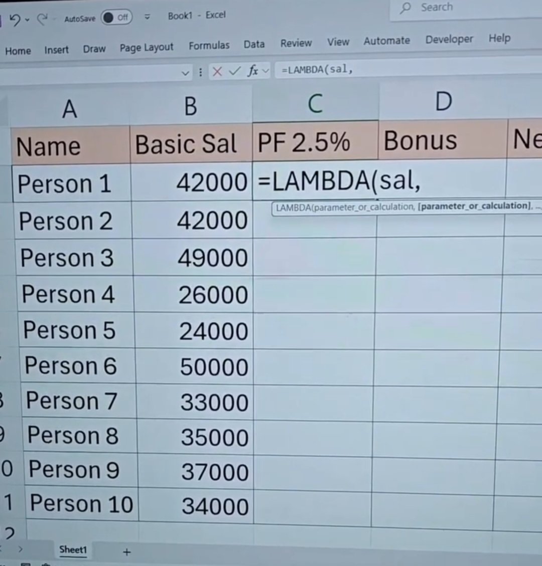 askvipendra's tweet photo. क्या आपने कभी सोचा कि Excel में अपना खुद का formula बनाकर बार-बार की calculation automatic की जा सकती है?

Excel का LAMBDA function आपको अपना personal formula बनाने की सुविधा देता है जिससे PF, Tax, Commission या किसी भी calculation को एक shortcut की तरह इस्तेमाल किया जा सकता है

सबसे पहले formula बनाइए
मान लीजिए PF calculate करना है तो लिखें
=LAMBDA(sal, sal*2.5%)
यहाँ sal input parameter है यानी जो salary आप देंगे उसी पर calculation होगी

अब important step
Formula tab में जाएँ
Name Manager या Define Name पर click करें Name में PF लिखें
Refers to वाले box में पूरा LAMBDA formula paste करें
OK दबाते ही आपका custom formula save हो जाएगा

अब इस्तेमाल कैसे करें किसी भी cell में लिखें
=PF(50000) Enter दबाते ही Excel automatically PF calculate कर देगा

सही जानकारी जो ज़रूरी है
LAMBDA formula पहले Define Name में save करना जरूरी होता है
सीधे cell में लिखने से permanent function नहीं बनता
यह feature केवल Excel Microsoft 365 और Excel 2021 या उसके बाद वाले versions में काम करता है

कमेंट में बताइए आप Excel में कौन सा custom formula बनाना चाहेंगे PF, GST या Salary कैलकुलेटर?

Disclaimer
Feature availability Excel version पर depend करती है अलग versions में options का नाम थोड़ा अलग हो सकता है