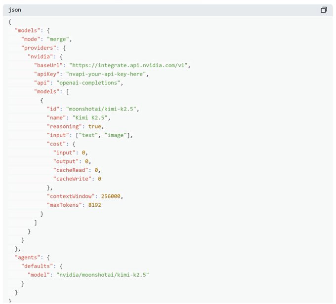 How to save OpenClaw API costs (using a FREE model 👀)

如果你不想一开始就烧 Opus 4.5 的钱，可以这样做：

1️⃣ 进入 build.nvidia.com
2️⃣ 注册 / 登录
3️⃣ 打开 Kimi K2.5 部署页面
4️⃣ 点击 “Get API Key”
5️⃣ 在你的 agent 里替换：

model
baseUrl
API key
搞定。

现在你用的是 免费版