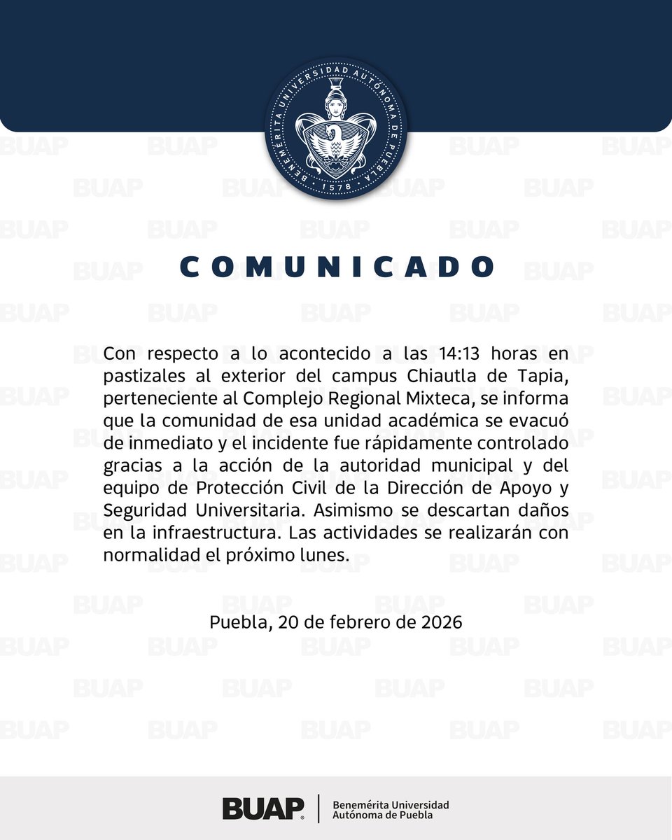 Controlan incendio de pastizales cerca de  BUAP Chiautla
​✅ Cero lesionados en la evacuación
​✅ Infraestructura intacta
​✅ Regreso a clases será el lunes 
​BUAP agradeció apoyo de cuerpos de emergencia y reiteró su compromiso con la seguridad de sus estudiantes y docentes