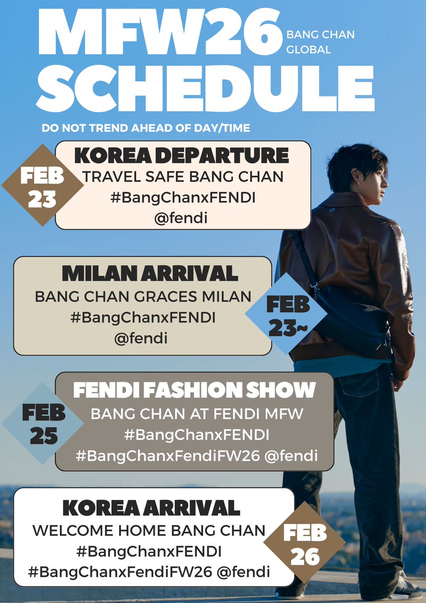 📢 | MFW SCHEDULE NOTICE: Tags for Bang Chan’s Attendance at Milan Fashion Week!

‼️Do not trend ahead of time!