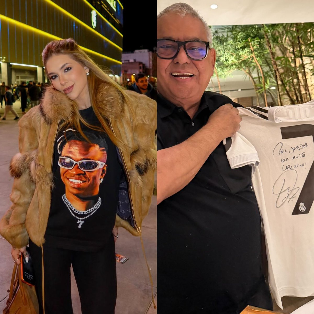 PRESENTE! Virgínia presenteou Jayder (Presidente da Grande Rio) com uma camiseta autografada pelo Vini Jr.