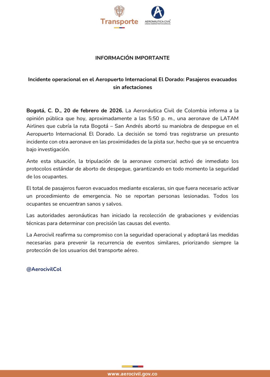 Se registró un incidente operacional en <a href="/BOG_ELDORADO/">Aeropuerto El Dorado</a> en el que una aeronave de LATAM Airlines, que cubría la ruta Bogotá–San Andrés, debió abortar su despegue tras un cruce de trayectoria con un helicóptero.