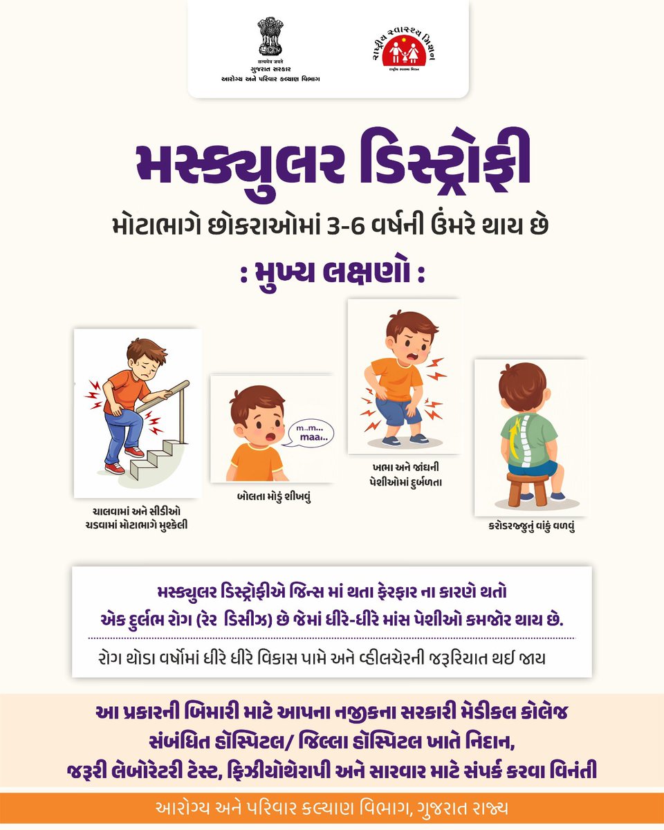 મસ્ક્યુલર ડિસ્ટ્રોફી
3–6 વર્ષની ઉંમરમાં દેખાતો ગંભીર રોગ.
ચાલવામાં મુશ્કેલી, વારંવાર પડી જવું, બોલવામાં અડચણ - લક્ષણોને અવગણશો નહીં.

વહેલી ઓળખ, વહેલી સારવાર - બાળકના સ્વસ્થ ભવિષ્ય માટે જરૂરી.
<a href="/KanzaPhc/">PHC_KANZA</a> <a href="/MoHFW_INDIA/">Ministry of Health</a> <a href="/Tho_Vanthali/">THO_VANTHALI</a> <a href="/NHMGujarat/">NHM Gujarat</a>
