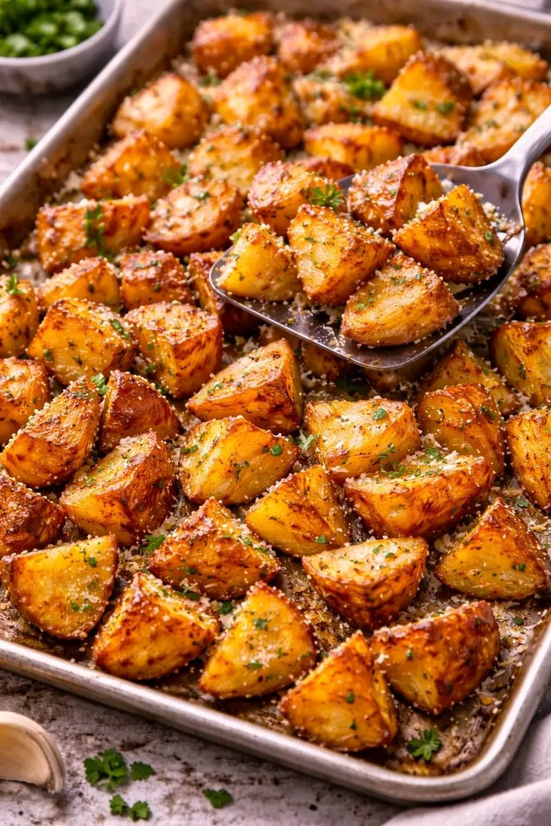 Garlic Parmesan Roasted Potatoes (Crispy Oven Tray) 🥔🧄

Ingredients (serves 3–4)

1 kg potatoes (baby or regular, cut into chunks)

3 tbsp olive oil

3–4 garlic cloves (minced)

60–80 g grated parmesan

1 tsp salt (adjust)

½ tsp black pepper

1 tsp paprika (optional)

1 tsp