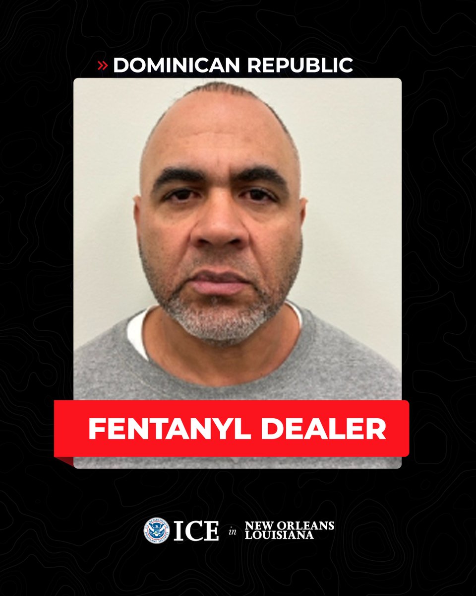 ICEgov's tweet photo. POSSESSION W/ INTENT TO DISTRIBUTE 400 GRAMS OR MORE OF FENTANYL

ICE @ERONewOrleans officers safely took custody of Dominican criminal illegal alien Fabio Vargas-Gonzalez when he completed his sentence.

He’ll remain in ICE custody pending a deportation decision. https://t.co/9S2SrHDhyF