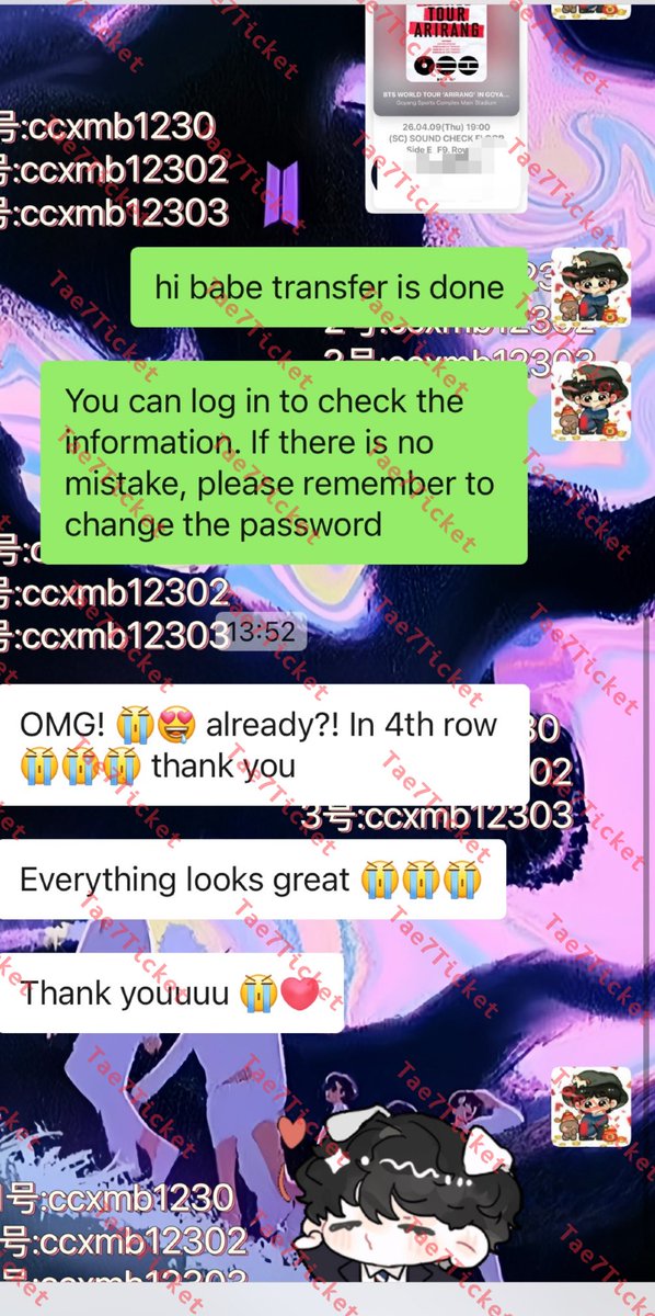 sucoco_7's tweet photo. BTS WORLD TOUR IN GOYANG
#Tae7feedback
02.20 Ticket transfer completion record💜🙌🏻

High success transfer ID✅
#BTS_WORLDTOUR_GOYANG 
#방탄소년단 #BTS #BTS_WORLDTOUR https://t.co/XO2gKNhFfR