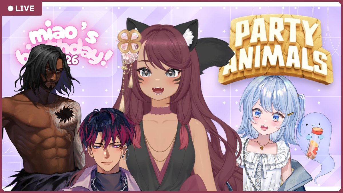 [ #miaoONSTAGE 🔴 ] im an animal and im partying with friends!! feat. <a href="/Graven4Hire/">graven🗡️ | 【FULL MEASURE】</a> <a href="/BlurrFlavorz/">Blurr 🙈👑</a> &amp; <a href="/MoguGhost/">mogu 👻🍟 ꒰ GLITCHSTARS ☁️ ꒱</a> :3