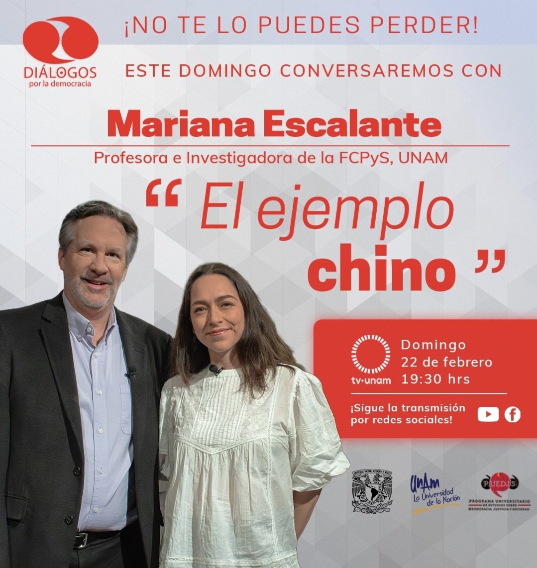 PUEDJSUNAM's tweet photo. Es una gran experta en política y sociedad de China, así como en relaciones internacionales entre México 🇲🇽 y China🇨🇳.

Actualmente es profesora e investigadora de la Facultad de Ciencias Políticas y Sociales de la UNAM (@UNAM_FCPyS)

Ella es Mariana Escalante✨️ y nos acompaña en #DialogosPorLaDemocracia este domingo 22 de febrero a las 7:30pm por @tvunam 📺