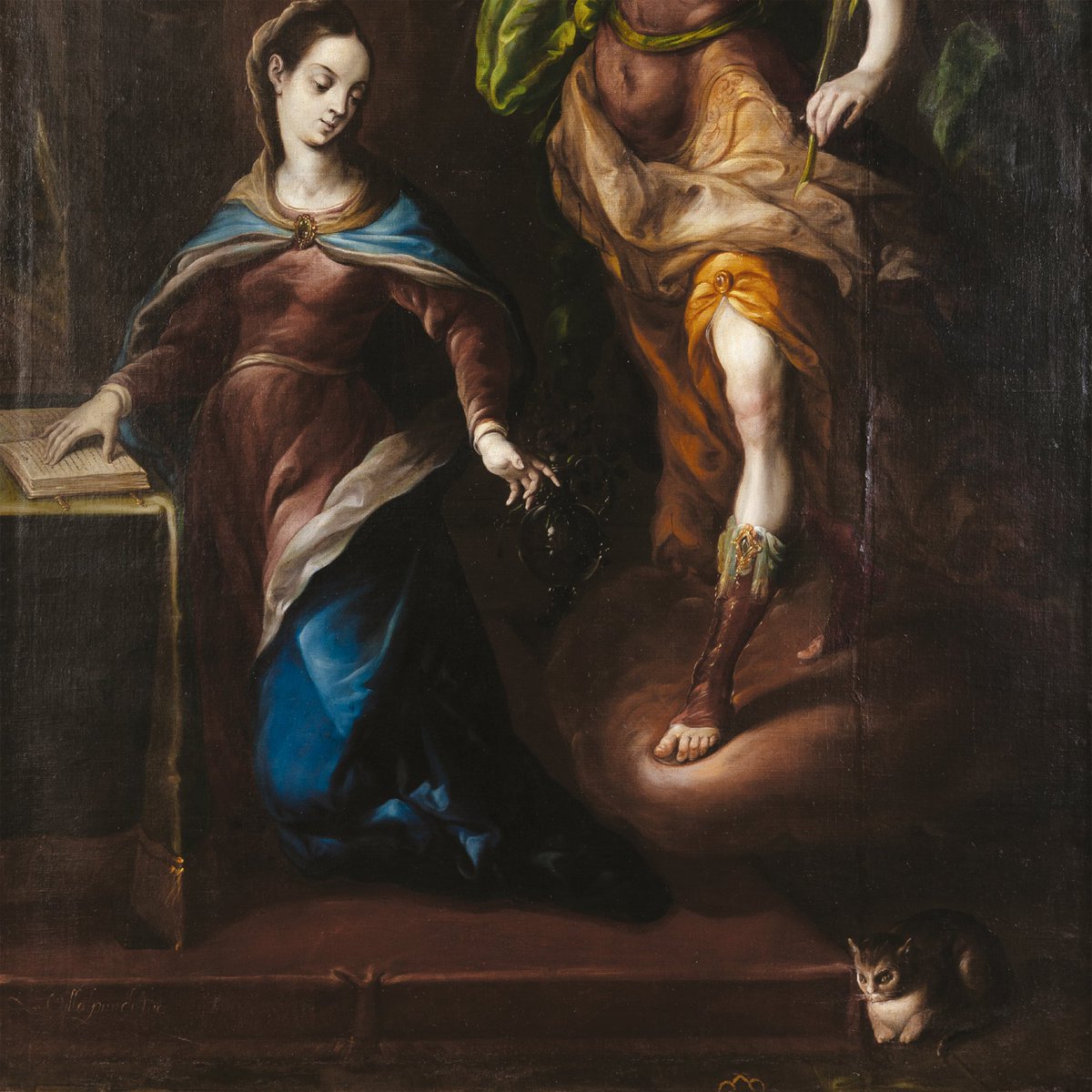 MUNALmx's tweet photo. En “La Anunciación”, Cristóbal de Villalpando representa el anuncio del arcángel Gabriel a la Virgen María y, junto a ellos, incluye a un curioso espectador: un gatito que observa absorto el pasaje bíblico.

En este Día Internacional del Gato celebramos a este “michi” que, desde ca. 1700–1714, sigue sorprendiéndonos con su mirada atenta.

🖼️ La Anunciación, ca. 1700–1714, óleo sobre tela.
Colección del MUNAL