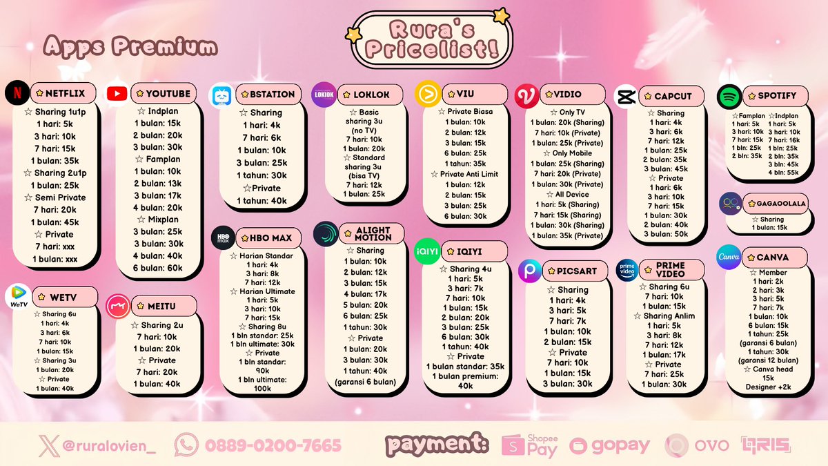 ruralovien_'s tweet photo. hi guiss, buat ngisi kegabutan pas puasa sabi nii langganan app premium di akuu, ada Netflix YouTube Bstation Loklok Viu Vidio Capcut Spotify Canva PicsArt AM HBO Wink Meitu WeTV Iqiyi 
☎️: https://t.co/7Oycs1MDrn
#zonauang #zonajajan #wts #WTB https://t.co/uZ566QrDUt