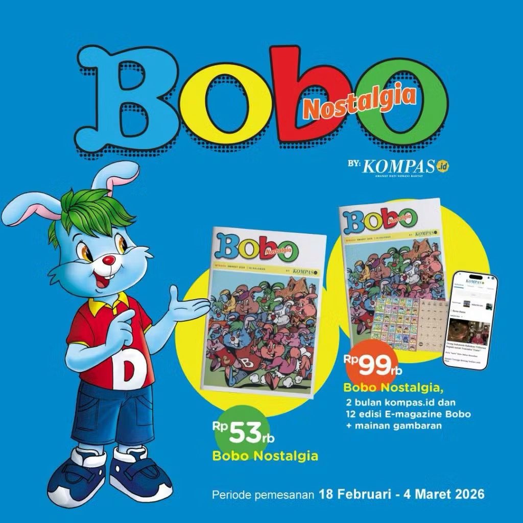 🔥 Silakan nge-war, kawan-kawan.

Kompas merilis “Tabloid Bobo” edisi nostalgia. Tebalnya full 40 halaman. 

Terbit resmi tanggal 8 Maret, stok terbatas, dan hanya bisa dibeli secara pre-order via akun marketplace-nya Sirkulasi KG Media.

➡️ s.shopee.co.id/AKVIFaxH0v