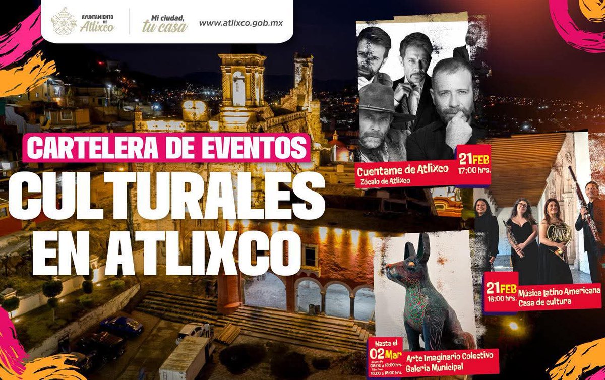 🎭✨ Atlixco te espera con un fin de semana lleno de arte y cultura. 

📖 Cuéntame de Atlixco – 21 de febrero | 17:00 hrs | Zócalo
🎶 Música Latinoamericana – 21 de febrero | 16:00 hrs | Casa de Cultura
🖼️ Arte Imaginario Colectivo – Hasta el 2 de marzo | Galería Municipal