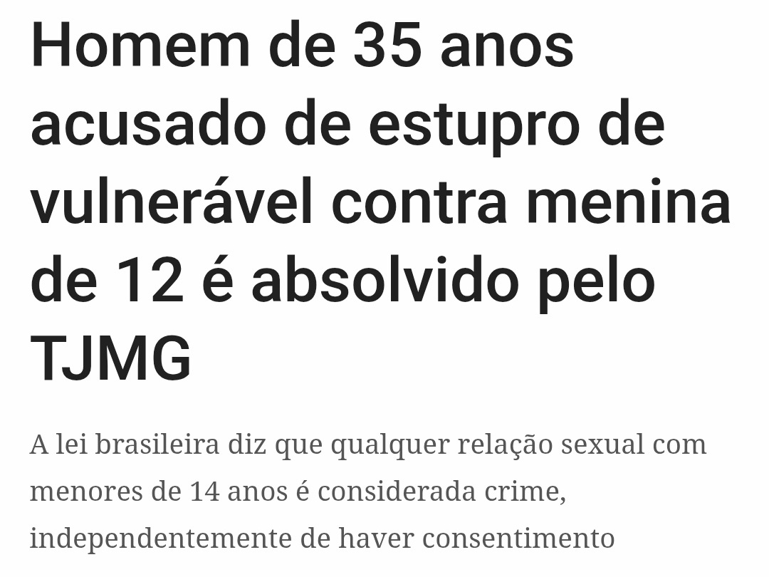 "Ah, mas a menina de 12 anos chama o homem de 35 de marido. Há um vínculo entre eles!" Sim. Eu li isso. 
O d3sgr4ç4do tem 35 anos. A menina tem 12. DOZE ANOS. E ainda tem gente que acha normal. 😡🤬

Vocês nunca ouviram falar em vulnerabilidade, em assimetria de poder e