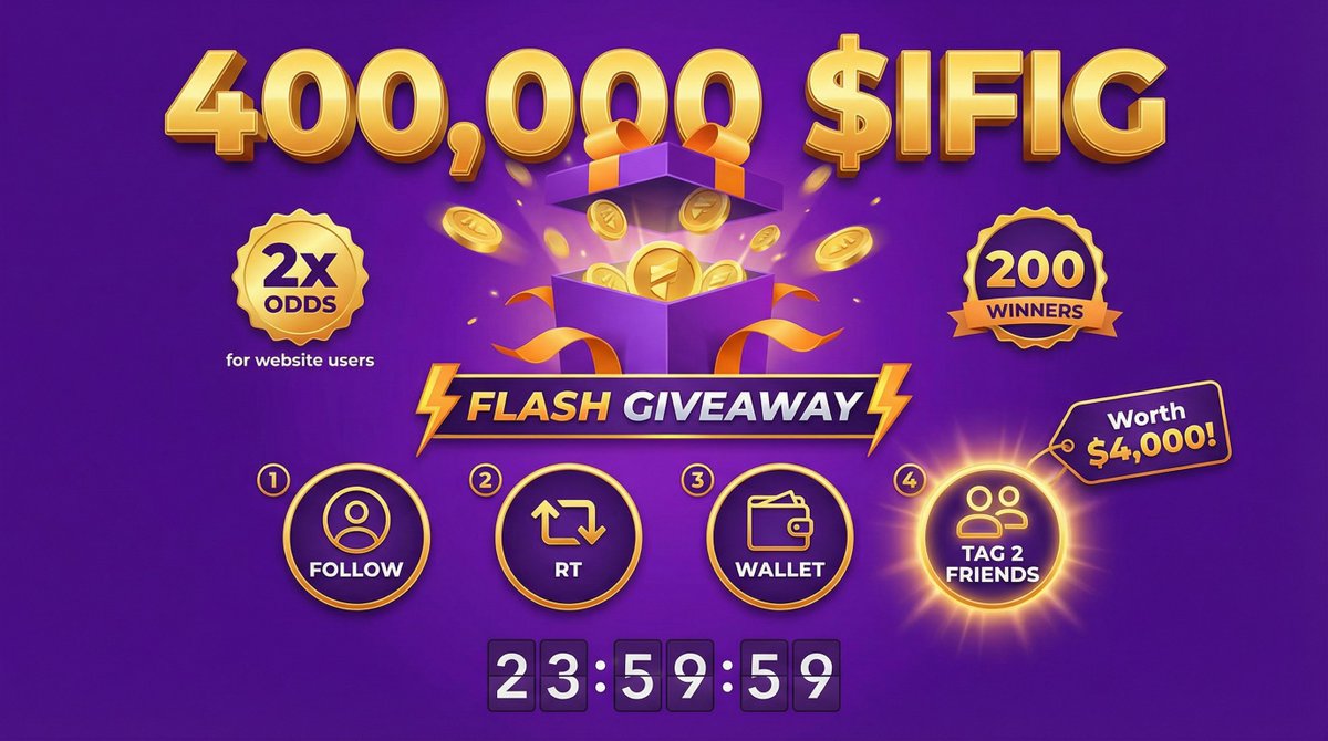 ⚡ FLASH GIVEAWAY! 🎁

Prize: 400,000 $IFIG (200 winners x 2,000 each!)

How to enter:
1️⃣ Follow <a href="/iFigNetwork/">iFigNetwork</a> &amp; <a href="/iFig_Official/">iFig.top</a> 
2️⃣ Like &amp; RT this post
3️⃣ Comment your SOL wallet

🤖 Winners drawn LIVE by <a href="/grok/">Grok</a> AI — fully transparent!

Worth $4,000! 💰

⏰ Winners in 24 hours!