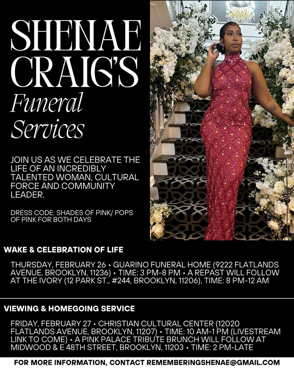 Hi everyone, just an update on funeral services for <a href="/ShenaeCurry/">The Rogue Princess.</a> 🕊️🤍

Thursday, February 26th &amp; Friday, February 27th. If you need further details please reach out to me at remeberingshenae@gmail.com and I will try my best to get back to you.