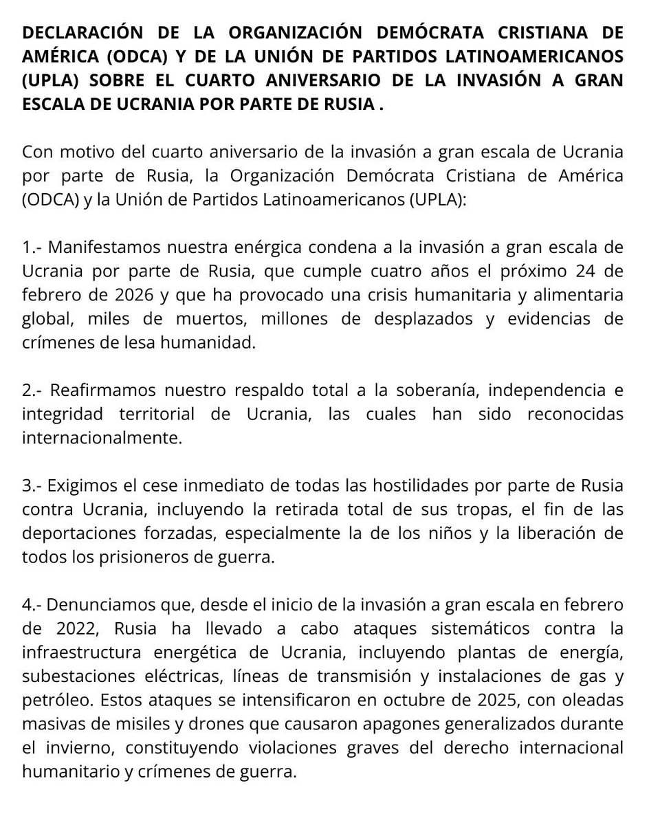 ODCA_org's tweet image. 🇺🇦A cuatro años de la invasión a gran escala de Ucrania por parte de Rusia, la ODCA y la @Red_UPLA condenamos enérgicamente la agresión, reafirmamos nuestro respaldo a la soberanía ucraniana y exigimos el cese inmediato de las hostilidades. 

Llamamos a la comunidad internacional