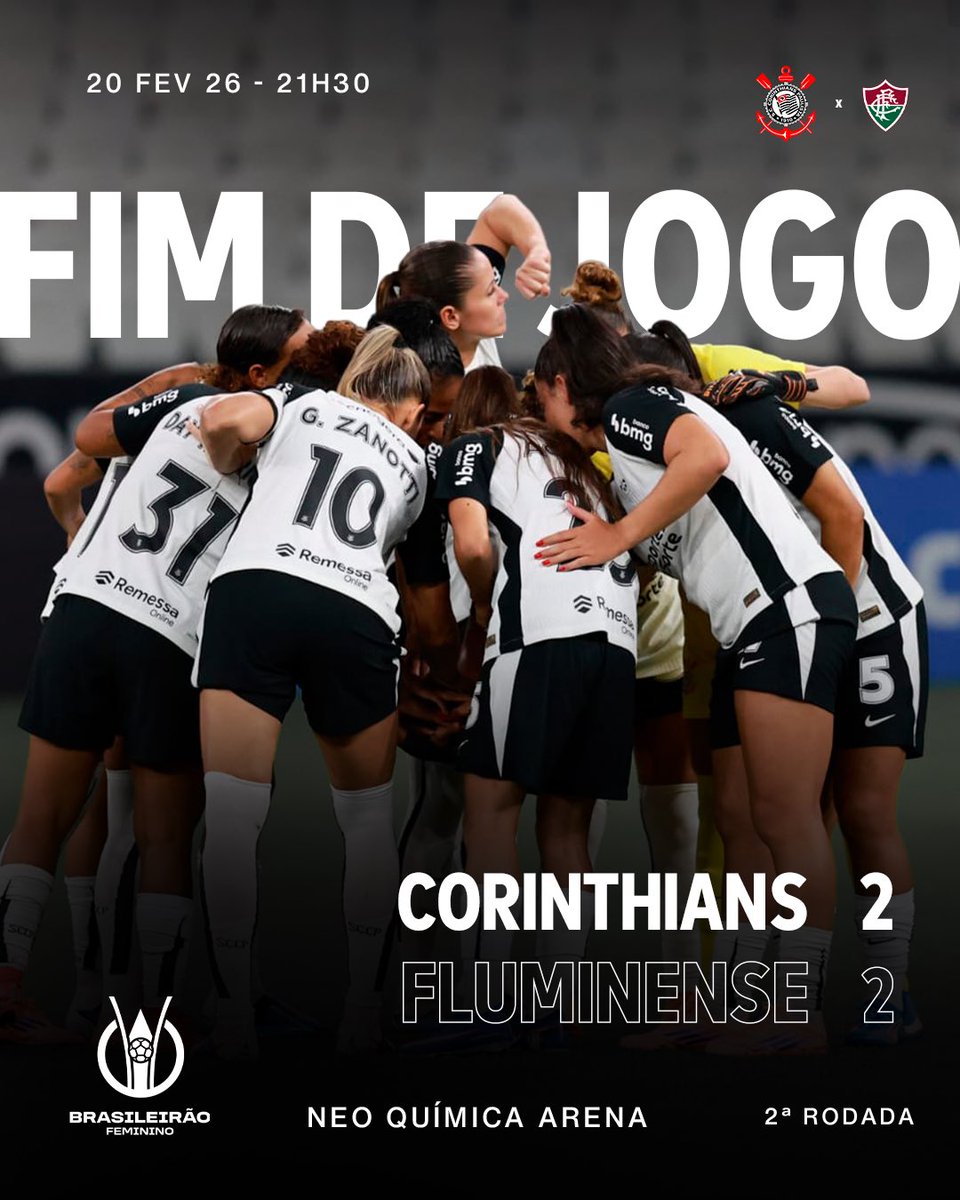 asbrabas's tweet photo. Fim de jogo na Neo Química Arena.

Corinthians 2 🆚 2 Fluminense 

⚽️ Belén Aquino
⚽️ Jaqueline

#AsBrabas
#VaiCorinthians https://t.co/qknjbUrvWE