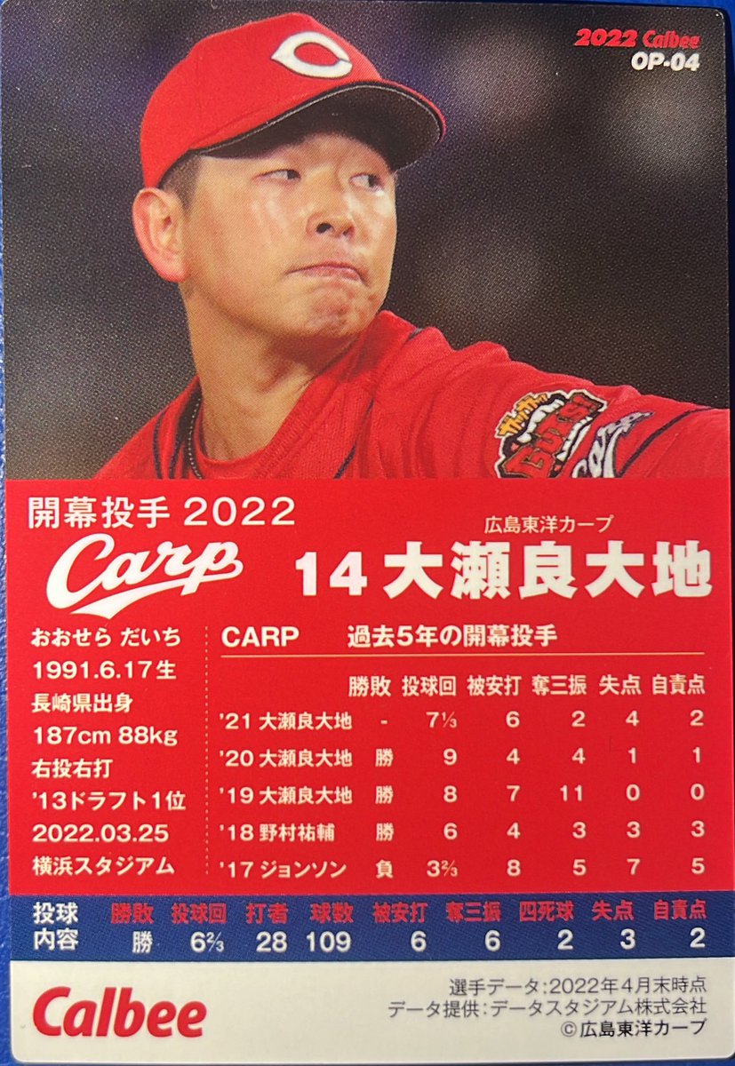 2022 OP-04 大瀬良大地(広島) #プロ野球チップス