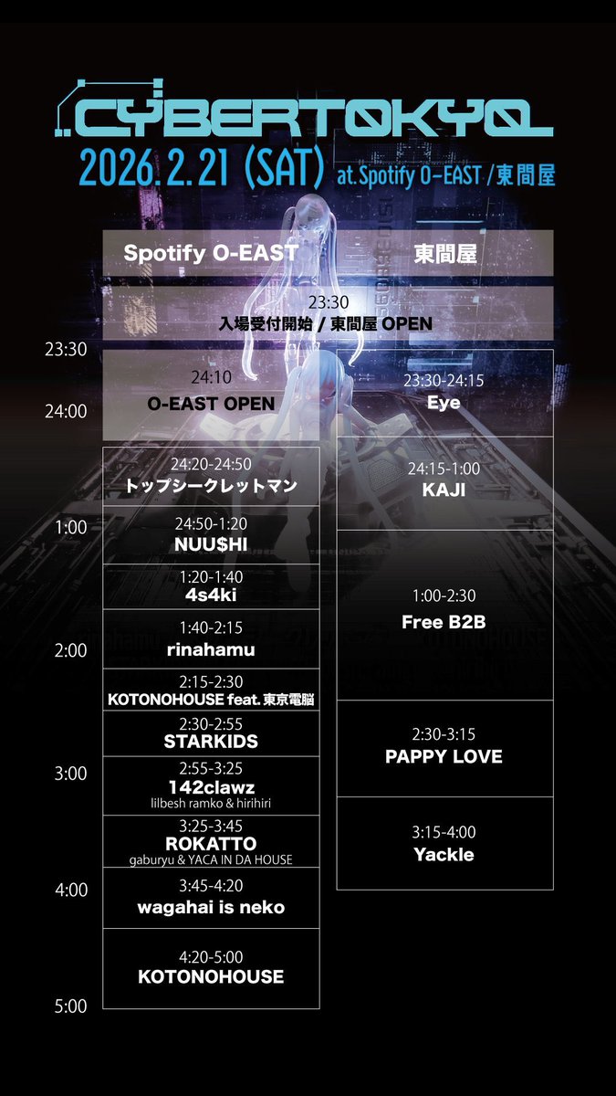＼ 本日LIVE出演 ／

4s4kiの出演は1:20から！

・・・・・・・・・・・・
「Cybertokyo」

2026.2.21(Sat) 23:30 -
Spotify O-EAST / 東間屋
・・・・・・・・・・・・

【LINE UP】
rinahamu
KOTONOHOUSE feat. 東京電脳 from 電音部
4s4ki 
トップシークレットマン
STARKIDS
142clawz(lilbesh ramko