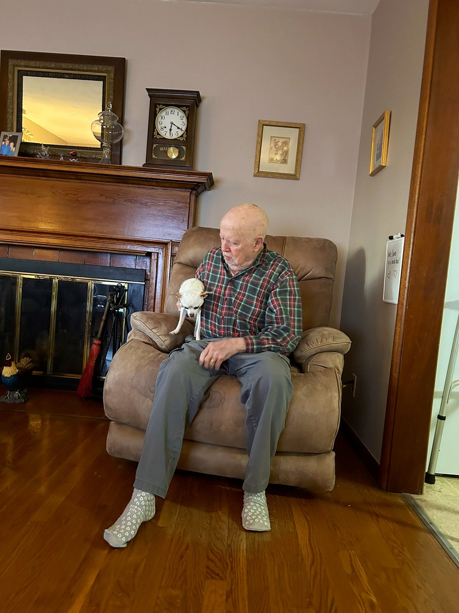 Pop took a fall last Friday and after a 4-day hospital stay at UT he’s glad to be home. My brother’s dog Chico helping his demeanor.