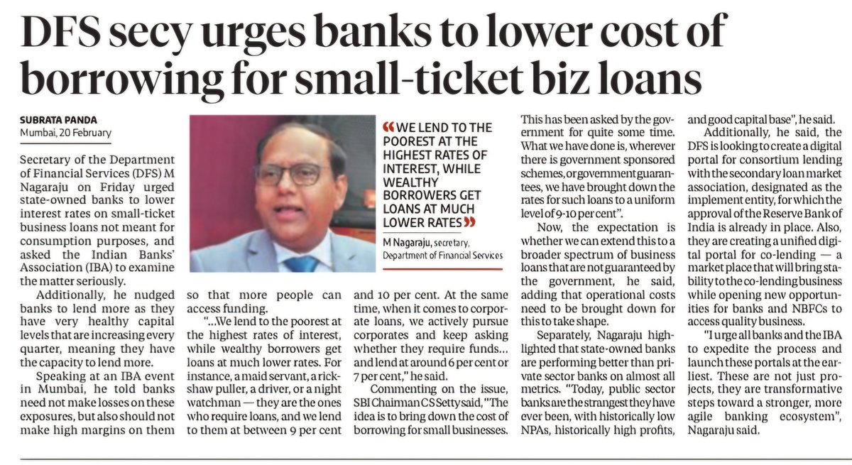 PSBPunch's tweet photo. The DFS Secretary is out here asking banks to lower lending rates like he’s at a flea market, conveniently forgetting that the Credit-Deposit (CD) ratio is hitting 82%+. 

​Asking for cheaper loans when banks are literally fighting for every rupee of deposit is like asking a baker to lower bread prices while the price of flour just tripled. The math just isn't mathing, sir
@DFS_India @RBI @RBIsays @FinMinIndia