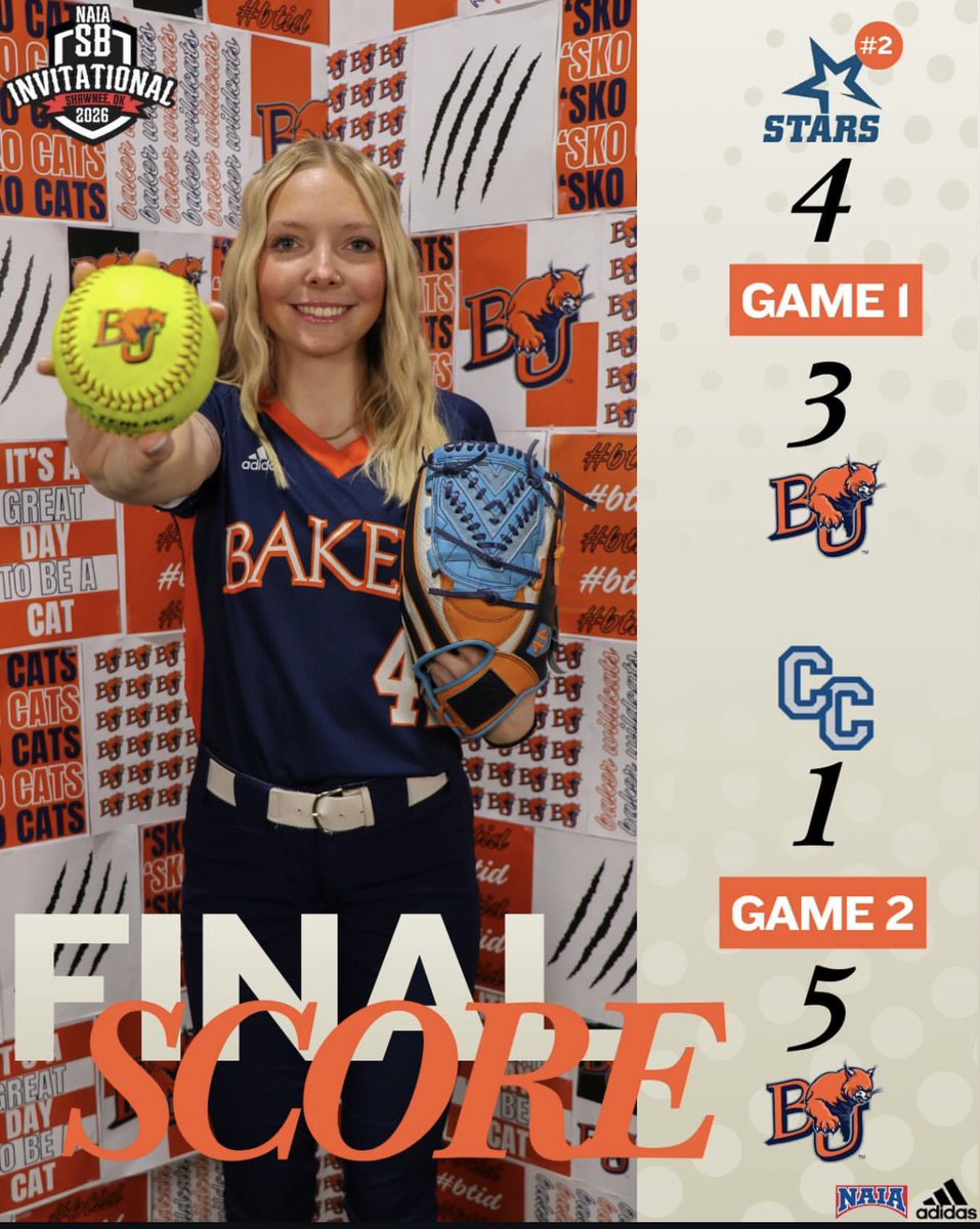BakerWildcatSB's tweet photo. Big day for the Cats down here in Shawnee! 🔥 

Started the day off with #2 OCU. Ended up going into ITB, with a score of 3-3, &amp; fell just short by 1 run!

Bounced back for the next game against Columbia, for the second time in two weeks. Held steady until the 6th then plating 3! https://t.co/fRlGK53LM2