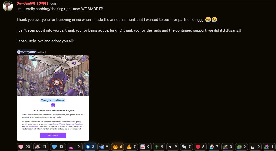 I'm still trying to process this rn.. 😭

Literally feels like I'm in a dream, I cannot thank everyone enough for all the continued support, being active, lurking the raids and so much more.

WE DID IT GANG! Twitch Partner is here. 💜

<a href="/Twitch/">Twitch</a>