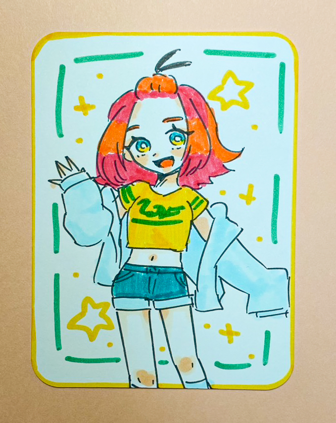 【＃こふね式一発描き原画】

🧡遊びに行くポンパガール🌟
あ、きたきた！お～い！

ポンパドールにルーズソックスが好きな、女子高生。
今日は友人と街へ遊びに来ている。
待ち合わせ時間の15分前には、到着している派。

＃イラスト　＃アナログ　＃一発描き　＃オリキャラ　＃ポンパドール　＃JK