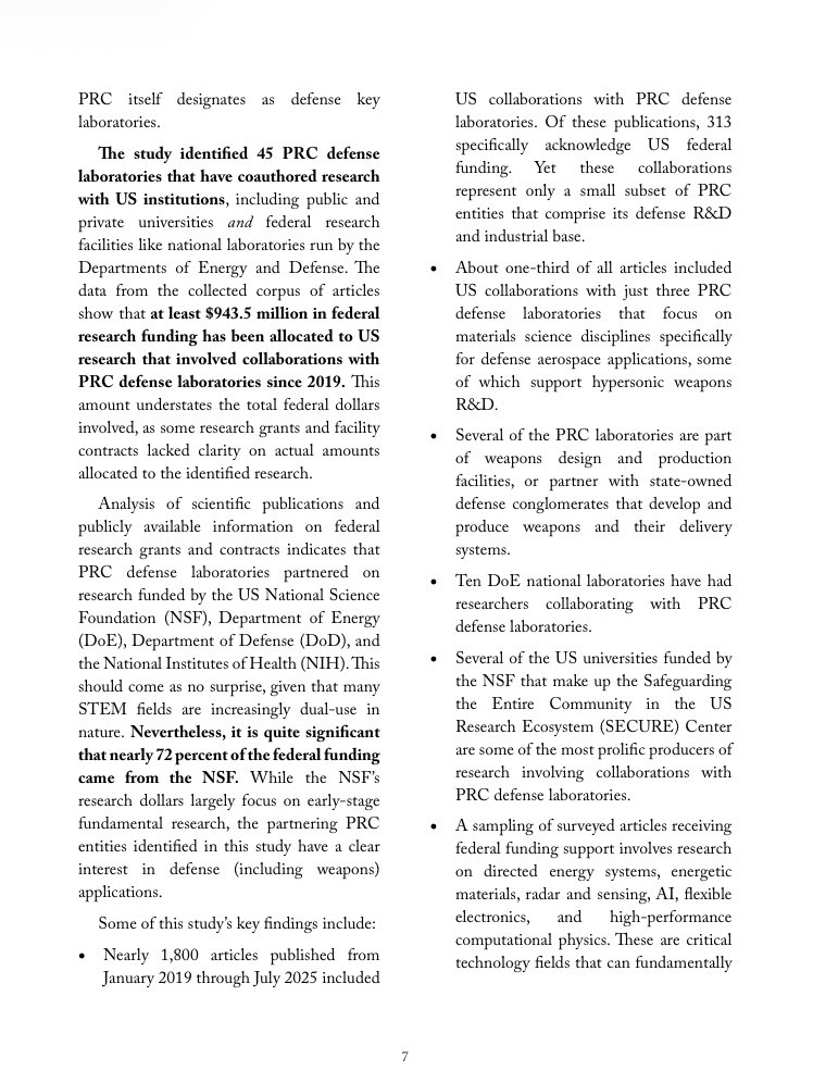 JerryDunleavy's tweet photo. “The study identified 45 PRC defense laboratories that have coauthored research with US institutions, including public and private universities and federal research facilities like national laboratories run by the Departments of Energy and Defense. The data from the collected corpus of articles show that at least $943.5 million in federal research funding has been allocated to US research that involved collaborations with PRC defense laboratories since 2019. This amount understates the total federal dollars involved, as some research grants and facility contracts lacked clarity on actual amounts allocated to the identified research.”

https://t.co/TzabTsoQrc