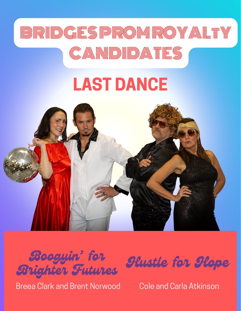 bridgesofok's tweet photo. Vote before tomorrow’s Prom King &amp; Queen crowning! 👑

💃 Carla &amp; Cole – Hustle for Hope
🕺 Breea &amp; Brent – Boogyin’ for Brighter Futures

Vote here ⬇️✨ Hustle for Hope: https://t.co/K69gNzoULj

Boogyin’ for Brighter Futures:  https://t.co/PTTQ73lzli https://t.co/YehDG7Ifxc
