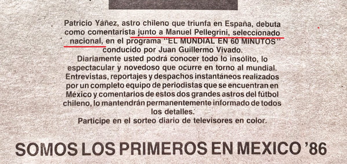A propósito de la calidad técnica de #ManuelPellegrini acá una publicidad de las transmisiones del canal nacional del Mundial México '86, en que lo presentan como seleccionado nacional. Efectivamente vistió una vez <a href="/LaRoja/">Selección Chilena</a>  en un amistoso, pero le sacó partido.
¿Alguien lo