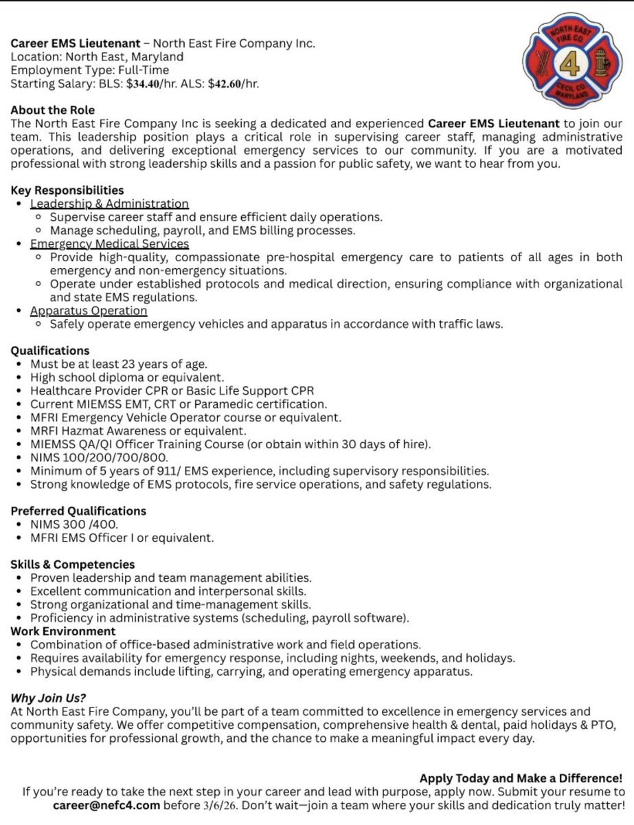 🚒 Join Our Team: Career EMS Lieutenant Opening!
We are looking for a motivated leader to join our mission of serving the North East community with excellence, compassion, and professionalism.

Email: Send resumes to career@nefc4.