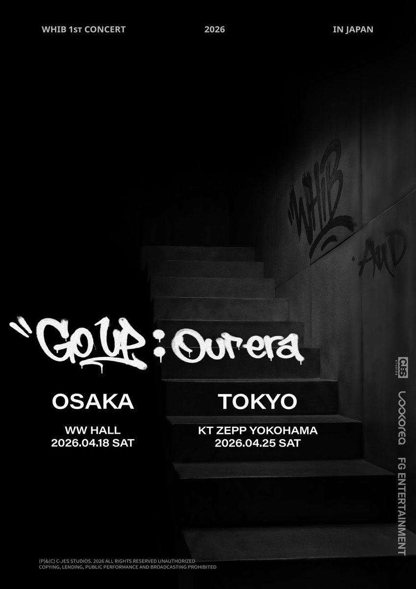 FG_Enter_JP's tweet photo. [📢] 2026 WHIB 1st CONCERT 【GO UP : Our era】
／
日本初単独ライブ開催決定！
ただいまよりチケット先行抽選受付スタート！
𖤐受付期間：2/21 (土) 12:00 ~3/1(日)23:59まで𖤐
＼
✦大阪-WW Hall 4/18(土)
✦東京-KT Zepp Yokohama 4/25(土)

🔗詳細はこちら https://t.co/olrw5MQM95 
🔗お申込みはこちらhttps://t.co/lfBCS2T5up 

@whib_official
#WHIB #휘브 #フィブ
#GO_UP_Our_era_in_japan