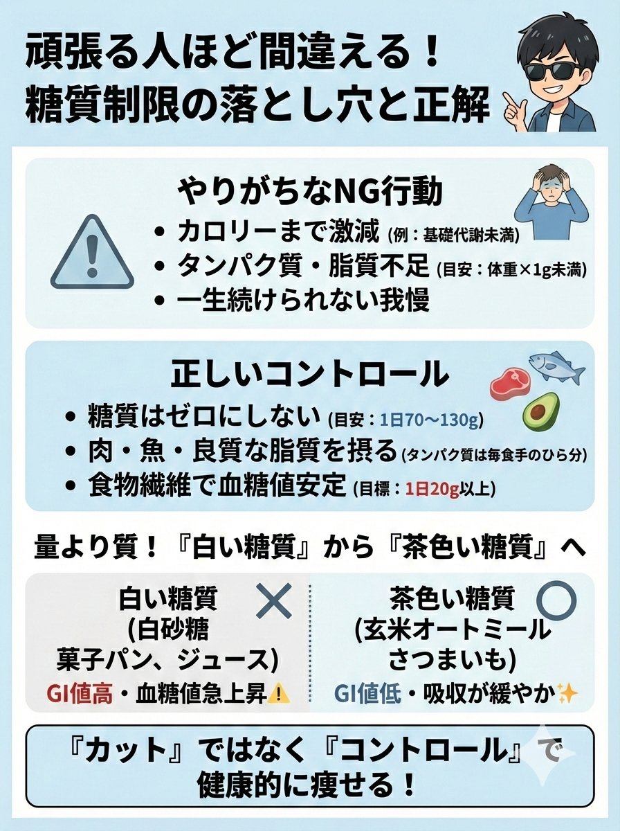 shima_bishisei's tweet photo. 実は「頑張る人ほど」間違えています。

「とにかく主食を抜けば痩せる！」とストイックに糖質制限をする人ほど、リバウンドの罠にハマりがちです💡

🚨 やりがちなNG行動
・糖質と一緒にカロリー全体まで極端に減らす 
・野菜ばかりでタンパク質・脂質が不足🥩
 ・一生続けられないレベルの我慢😖

頑張りすぎて筋肉を減らしては本末転倒！

 「糖質＝全部カット」は絶対にNGです🙅‍♀️

✨ 正しい糖質コントロールのコツ
・1日の糖質は70〜130gを目安に（ゼロにしない！）
 ・減らした分、お肉や魚、良質な脂質（MCTオイル等）をしっかり食べる🥑
 ・食物繊維をたっぷり摂って血糖値を安定させる

そして大事なのは、量よりも【糖質の質】を選ぶこと🔍

❌ 避けるべき「白い糖質」
白砂糖
菓子パン
甘いジュース🥤 （血糖値が急上昇して脂肪をため込む⚠️）

⭕️ 味方になる「茶色い糖質」
玄米
オートミール
さつまいも🍠 （食物繊維が豊富で太りにくい✨）

主食を抜くツラい我慢より、まずは「白い糖質」を「茶色い糖質」に変えてみませんか？

これだけで体は確実に変わります🙌

「糖質カット」ではなく「適切なコントロール」で、健康的に痩せましょう！😊