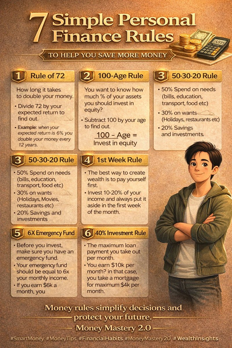 Maertink2's tweet image. Simple rules. Strong money habits.
Follow them—and saving becomes automatic.

#PersonalFinanceRules #SmartMoney #SaveMore #MoneyMastery20 #WealthInsights