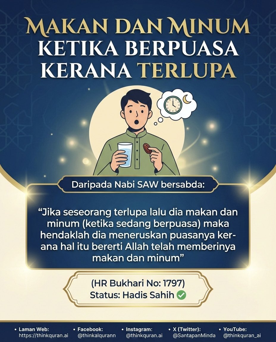 SantapanMinda's tweet photo. Tengah puasa tapi ter makan/minum sebab LUPA?

Berita baik: Puasa anda tetap SAH!

Nabi SAW bersabda, itu tandanya Allah sedang memberi anda makan & minum. (HR Bukhari: 1797).

Apa nak buat?
1. Berhenti makan/minum segera bila tersedar.
2. Teruskan puasa macam biasa.
3. Tak perlu qadha (ganti).

Islam itu memudahkan, bukan membebankan. Bukti Allah sangat sayang pada hamba-Nya yang berusaha beribadah.