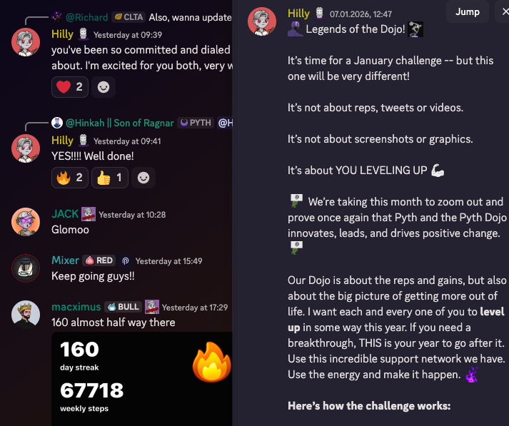 In January I switched up the <a href="/PythNetwork/">Pyth Network 🔮</a> Dojo discord challenge. Hit pause on the fit challenge norm.

 Instead: pick one real level-up goal, map the milestones + actions, post it publicly -> and lean on the crew for accountability all year.

AI can spit out goal templates >>>