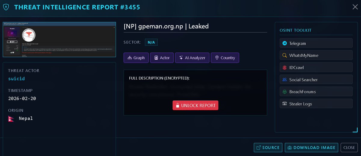 🚨 THREAT ALERT: GPEMAN Nepal - Institutional Data Leak &amp; Website Defacement

Victim: GPEMAN (Nepal) 🇳🇵
Threat Actor: suicid
Timestamp: February 20, 2026
Sector: N/A (/ Non-Profit)

A significant security breach has been confirmed targeting the General Practice and Emergency