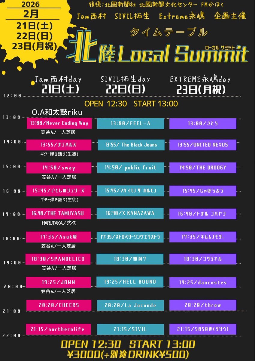 REDSUNknzw's tweet photo. 【本日のライブ】

⭕️ 北陸 Local Summit（Jam西村day）

2026年2月21日(土)

○出演 和太鼓riku(O.A)／Never Ending Way／オジハルズ／sway／いとしのジュリーズ／THE TAMUYASU／Asuk@／SPANDELICO／JOMM／CHEERS/northernlife

〇開場12:30 開演13:00
○入場料¥3,000
〇入場時ドリンク代別途¥500
〇ロッカー¥200

北陸で活動するバンドや弾き語りなどいろいろなスタイルが一度に楽しめる音楽サミットが開催！日頃から応援している人も、北陸の音楽を応援したい人もみんな集合！この3日間は思いっきり音楽を楽しみましょう！1日目はJamのかおるさん企画主催dayです！

皆様のご来場お待ちしております！🙂‍↕️

#本日のREDSUN #金沢
🟢👌🏻