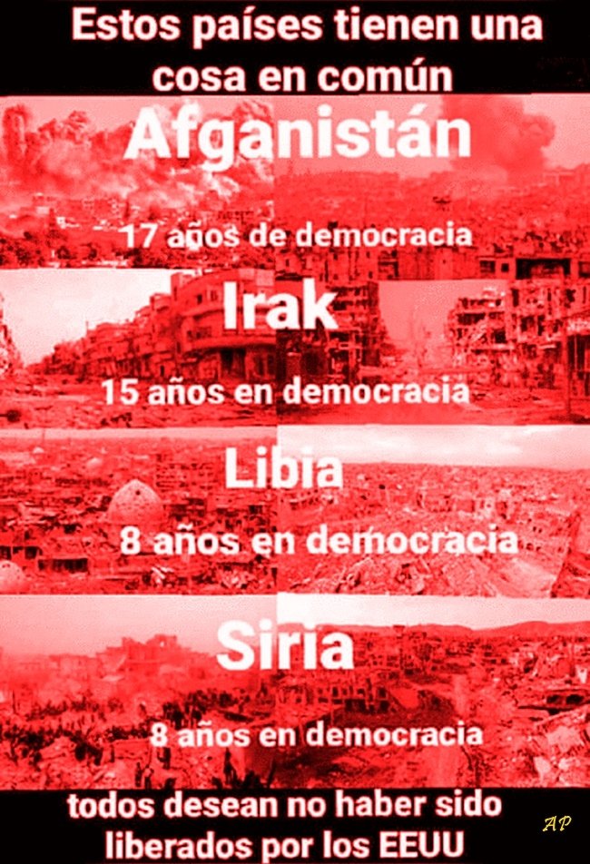 "La 'democracia' exportada por EE.UU. en cifras:
destrucción + caos + nostalgia por lo de antes.
Afganistán, Irak, Libia, Siria.
Todos coinciden: preferimos no ser 'liberados'. 🇺🇲 →🌍💥"