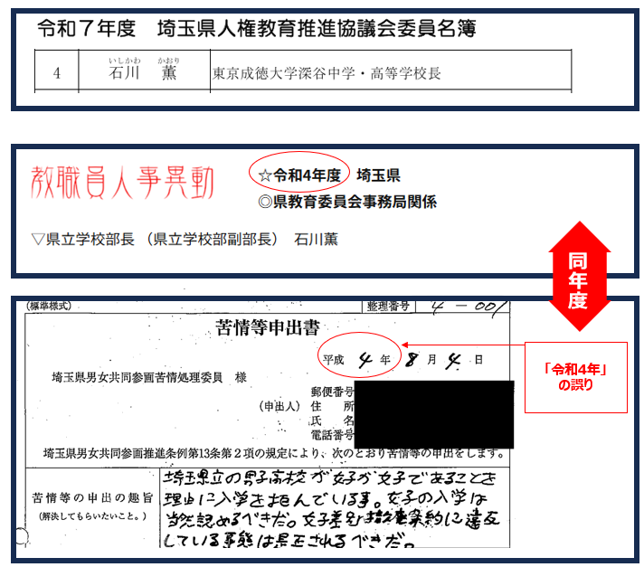 urako2023111000's tweet photo. （1177）埼玉県新教育長人事案「県人権教育推進協議会 石川薫委員を起用」 まだ人事＜案＞ですがあの１件の苦情が入った年の「県立学校部長」であることは押さえておきましょう。ということは私たちが情報公開を求めている「黒塗り文書内容・経緯（教育局と苦情処理委員の会議録等）」を全てご存知のはず。#埼玉共学化反対
