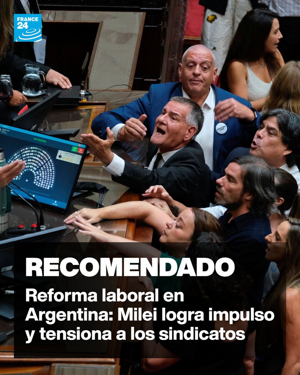 France24_es's tweet image. 🇦🇷 La aprobación de la reforma laboral en la Cámara de Diputados marcó un avance político sonoro para el Gobierno de #JavierMilei, que logró reunir apoyos clave en el Congreso pese al paro general convocado por la #CGT ese mismo día ➡️ f24.my/BkqC