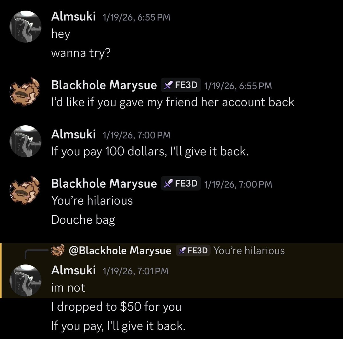 Karma_FE's tweet photo. Hey @discord_support my friend lost her discord account to a hacker over a month ago it’s been reported several times and the hacker has attempted to sell the account back can something please be done about this https://t.co/12eTLYbEgK
