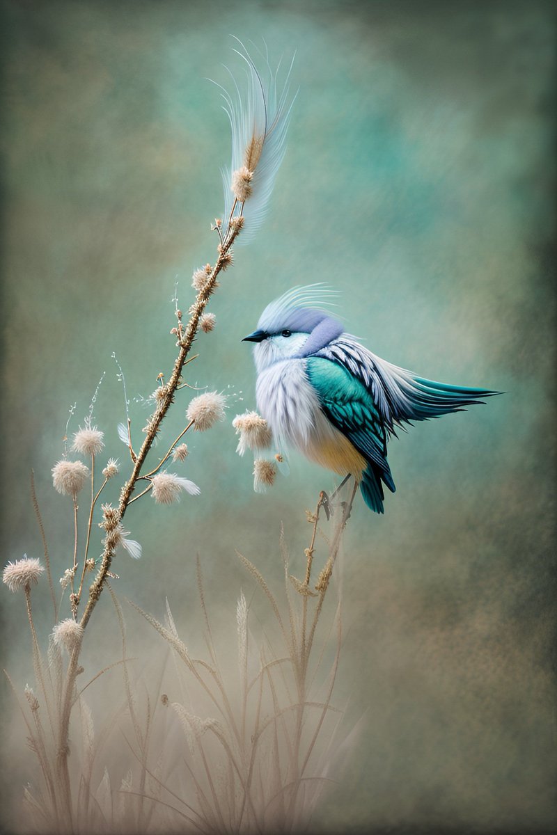 Tamara1262775's tweet photo. Perched on a thread of morning mist, she wears the sky's softest secrets in turquoise and white. A bird that dreams in silence.
#EtherealArt #FantasyBird #Saturday 
. https://t.co/HQ665qTd5m