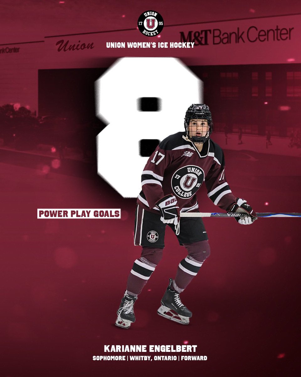 UnionWHockey's tweet photo. Congratulations to Karianne Engelbert for breaking the single-season power-play goal record, netting her 8️⃣ power-play goal of the season tonight in the ECAC playoff opening-round upset win over #12 Clarkson. The record had been previously held for 𝟏𝟐 𝐲𝐞𝐚𝐫𝐬 by Stefanie Thomson ‘14.

#GoU x #UnionHockey