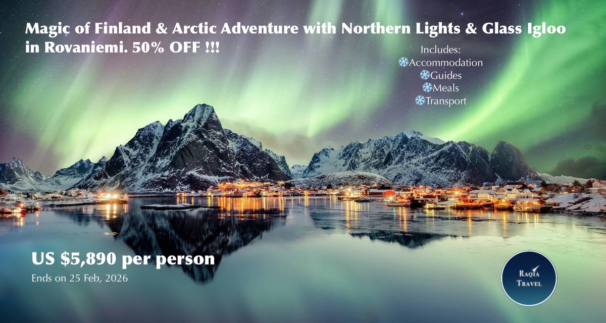 almaruizvelasco's tweet image. Northern lights in Lapland! Experience the thrill of Arctic outdoor adventures and taste authentic Arctic cuisine 🦌7-day tour with accommodation and meals included.
US$5,890 per person.
50% OFF!
🚨Offer ends February 25. 
#northernlightsfinland #reindeers #winterwonderland